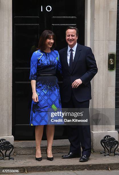 British Prime Minister David Cameron and his wife Samantha Cameron arrive at Downing Street on May 8, 2015 in London, England. After the United...