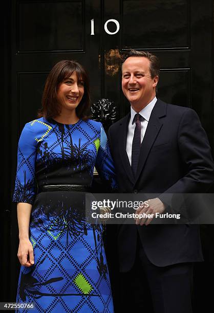 British Prime Minister David Cameron and his wife Samantha Cameron arrive at Downing Street on May 8, 2015 in London, England. After the United...