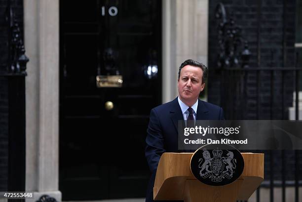 British Prime Minister David Cameron delivers a speech outside10 Downing Street on May 8, 2015 in London, England. After the United Kingdom went to...