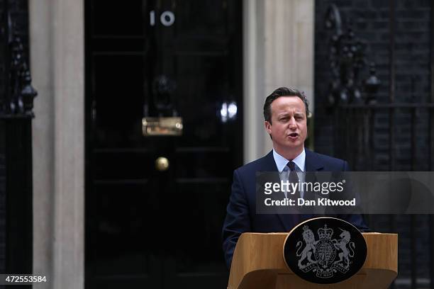 British Prime Minister David Cameron delivers a speech outside10 Downing Street on May 8, 2015 in London, England. After the United Kingdom went to...