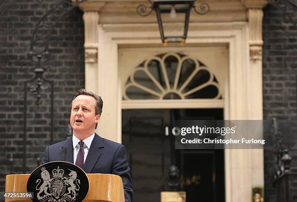 British Prime Minister David Cameron delivers a speech outside10 Downing Street on May 8, 2015 in London, England. After the United Kingdom went to...