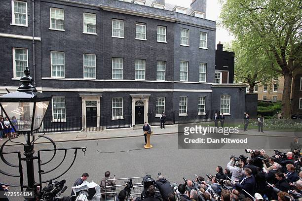 British Prime Minister David Cameron delivers a speech outside10 Downing Street on May 8, 2015 in London, England. After the United Kingdom went to...