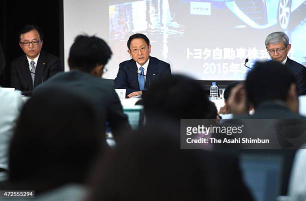 Toyota Motor Co President Akio Toyoda speaks during the press conference announcing the fiscal 2014 financial result at Toyota's Tokyo headquarters...