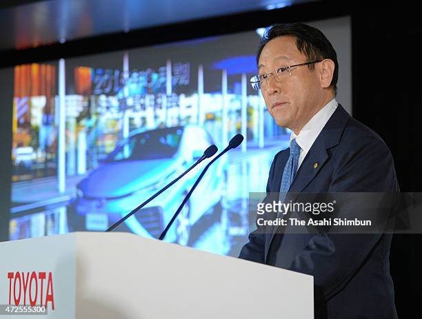 Toyota Motor Co President Akio Toyoda attends the press conference announcing the fiscal 2014 financial result at Toyota's Tokyo headquarters on May...