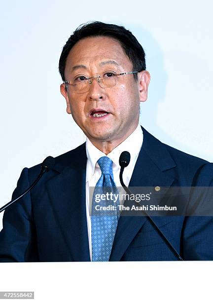 Toyota Motor Co President Akio Toyoda speaks during the press conference announcing the fiscal 2014 financial result at Toyota's Tokyo headquarters...