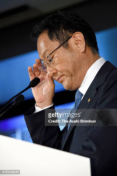 Toyota Motor Co President Akio Toyoda attends the press conference announcing the fiscal 2014 financial result at Toyota's Tokyo headquarters on May...