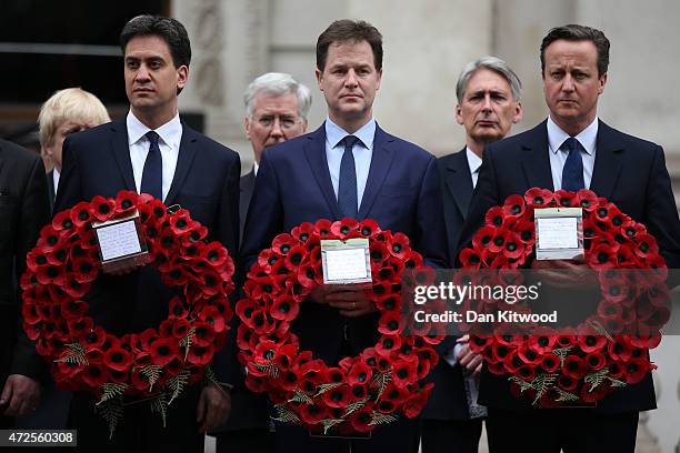 Labour Party leader Ed Miliband, Liberal Democrat leader Nick Clegg and Prime Minister David Cameron attend a tribute at the Cenotaph to begin three...