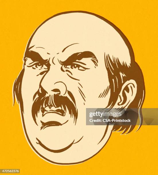 irritated bald mustache man - man eyebrows stock illustrations