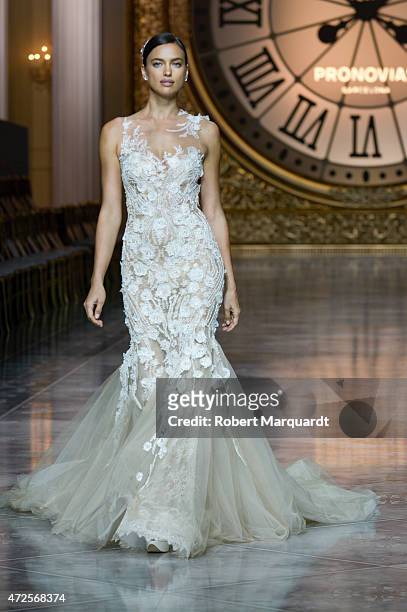 Irina Shayk walks the runway during rehearsals for the latest collection by 'Pronovias' during Barcelona Bridal Week on May 8, 2015 in Barcelona,...