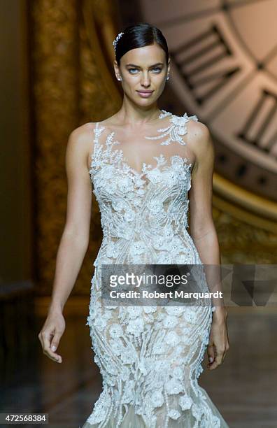 Irina Shayk walks the runway during rehearsals for the latest collection by 'Pronovias' during Barcelona Bridal Week on May 8, 2015 in Barcelona,...