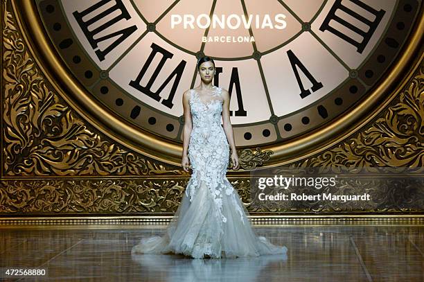 Irina Shayk walks the runway during rehearsals for the latest collection by 'Pronovias' during Barcelona Bridal Week on May 8, 2015 in Barcelona,...