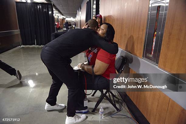 Playoffs: Los Angeles Clippers Chris Paul hugging Kimberly Jordan-Williams, mother of DeAndre Jordan, after Game 1 vs San Antonio Spurs at Staples...