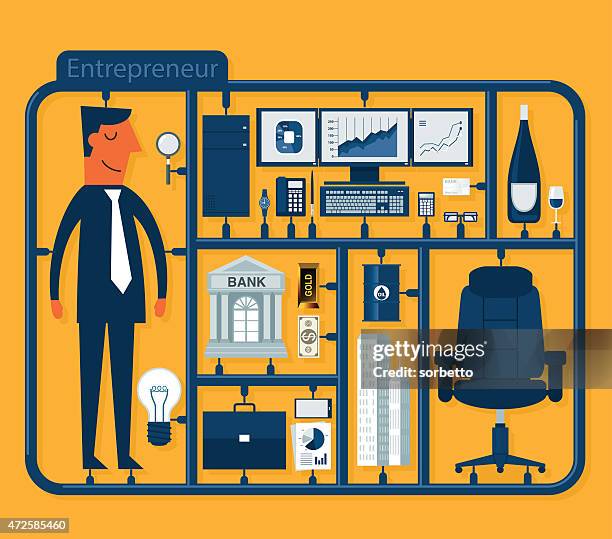 bildbanksillustrationer, clip art samt tecknat material och ikoner med a cartoon depicting a male entrepreneur - kit