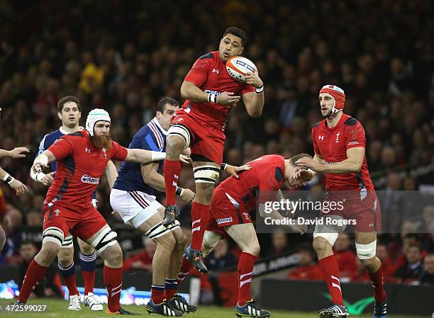 Toby Faletau of Wales catches the ball during the RBS Six Nations match between Wales and France at the Millennium Stadium on February 21, 2014 in...