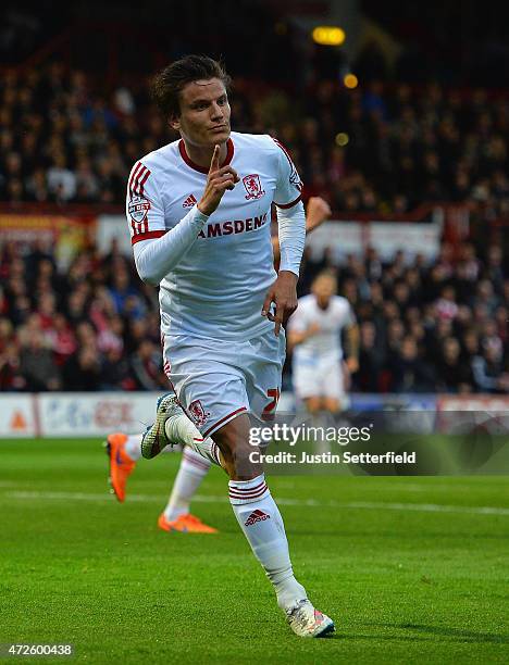 Jelle Vossen of Middlesbrough celebrates scoring the first goal during the Sky Bet Championship Playoff Semi-Final between Brentford and...
