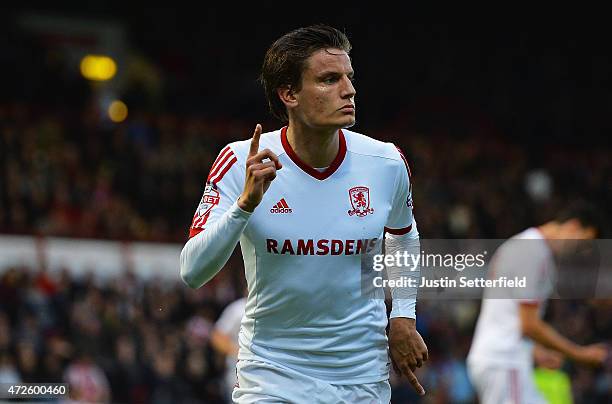 Jelle Vossen of Middlesbrough celebrates scoring the first goal during the Sky Bet Championship Playoff Semi-Final between Brentford and...