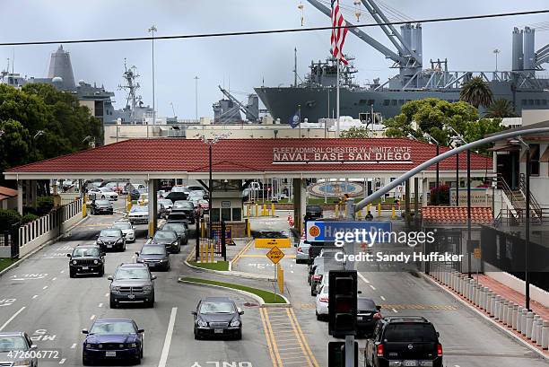 Cars enter Naval Base San Diego on May 8, 2015 in San Diego, California. The Pentagon raised the terror threat to Bravo level at U.S. Bases, the...