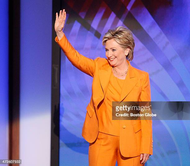 Hillary Clinton waves to the crowd at the Democratic National Convention 2008 at the Pepsi Center in Denver, Colorado, on August 26, 2008.