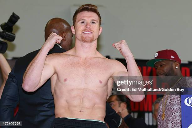 Saul "Canelo" Alvarez steps on the scale for his 12 round super welterweight fight against James Kirkland at Minute Maid Park on May 8, 2015 in...