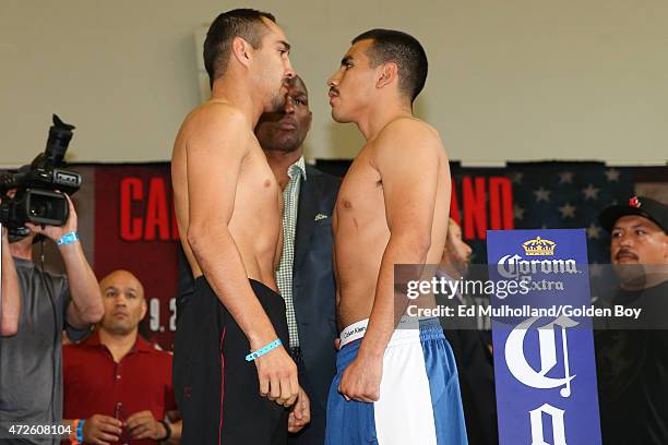 Humberto Soto and Frankie Gomez face off after weighing in for their upcoming bout at Minute Maid Park on May 8, 2015 in Houston, Texas.