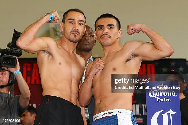 Humberto Soto and Frankie Gomez face off after weighing in for their upcoming bout at Minute Maid Park on May 8, 2015 in Houston, Texas.