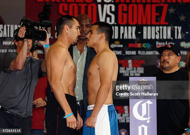 Humberto Soto of Mexico and Frankie Gomez pose on stage inside the Union Station lobby during their weigh-in prior to their super lightweight bout...