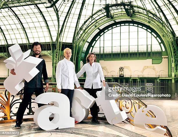 Chefs Pierre Sang Boyer, Kei Kobayashi and Stephanie Le Quellec are photographed for Madame Figaro on April 3, 2015 in Paris, France. PUBLISHED...