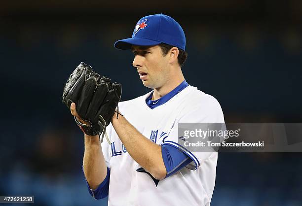 Jeff Francis of the Toronto Blue Jays looks in before delivering a pitch during MLB game action against the New York Yankees on May 5, 2015 at Rogers...