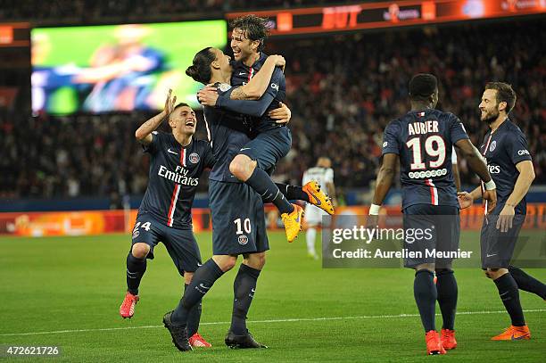 Maxwell of PSG reacts after scoring the fourth goal in the 6-0 victory over EA Guingamp during the Ligue 1 game between Paris Saint Germain and EA...