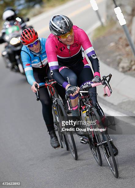 Dame Sarah Storey of Great Britain riding for Pearl Izumi-Sports Tours earns the queen of the mountains jersey as she leads Allison Beveridge of...