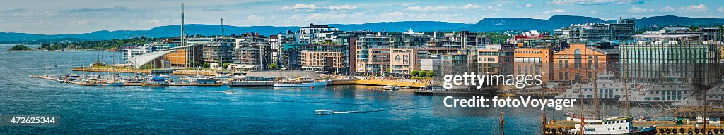 Oslo harbour waterfront Aker Brygge modern development cityscape panorama Norway