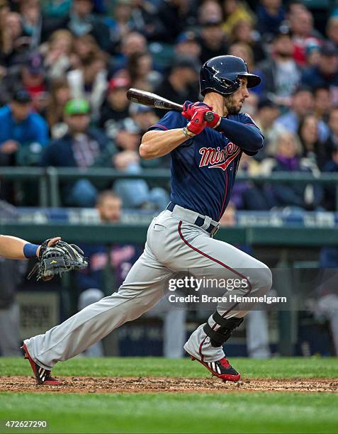 Jordan Schafer of the Minnesota Twins bats against the Seattle Mariners on April 24, 2015 at Safeco Field in Seattle, Washington. The Mariners...