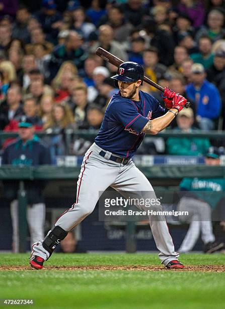 Jordan Schafer of the Minnesota Twins bats against the Seattle Mariners on April 24, 2015 at Safeco Field in Seattle, Washington. The Mariners...
