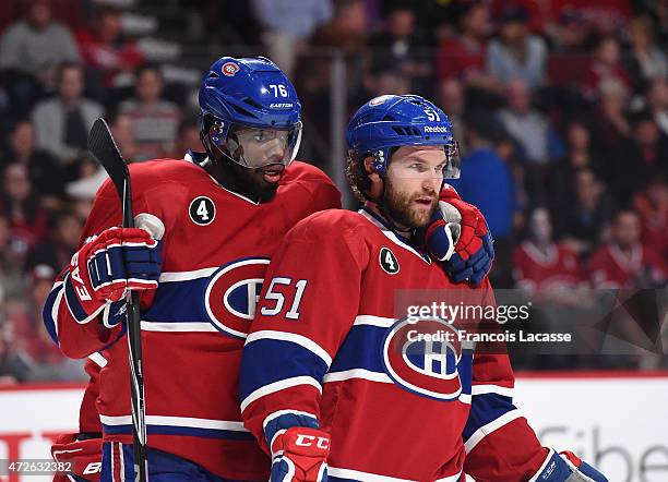 Subban and David Desharnais of the Montreal Canadiens exchange words during the game against the Tampa Bay Lightning in Game Five of the Eastern...