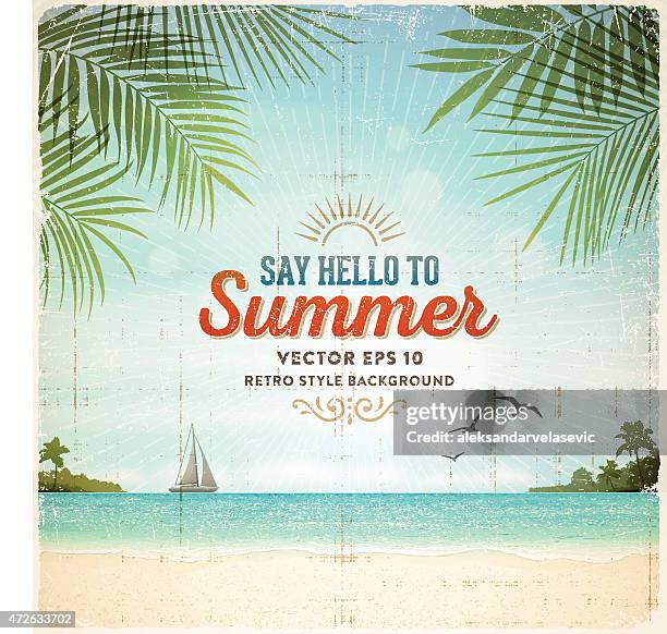 ilustraciones, imágenes clip art, dibujos animados e iconos de stock de cartel de vacaciones de verano retro fondo - strand