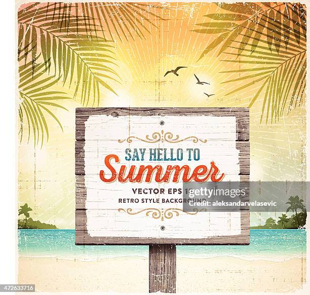 トロピカルレトロな夏ビーチウッドの看板の背景 - signage点のイラスト素材／クリップアート素材／マンガ素材／アイコン素材
