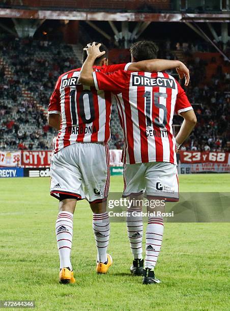David Barbona of Estudiantes celebrates with Ezequiel Cerutti after scoring his team's first goal during a match between Estudiantes and Temperley as...