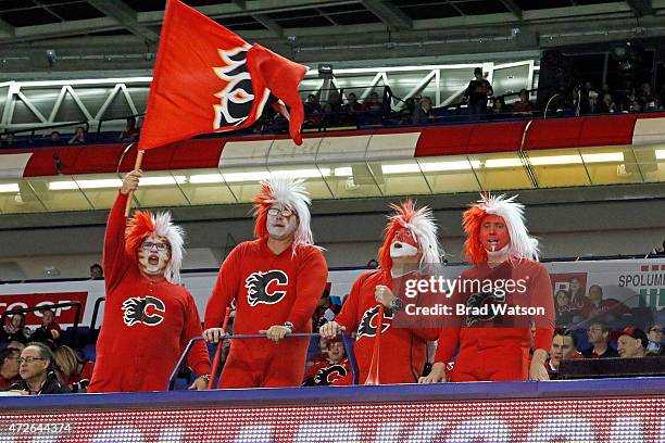 Fans cheer in the stands before the game between the Calgary Flames and the Anaheim Ducks at Scotiabank Saddledome for Game Four of the Western...