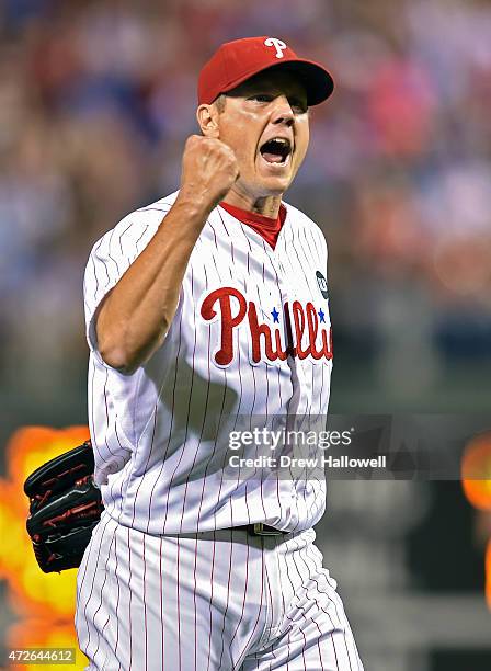 Jonathan Papelbon of the Philadelphia Phillies celebrates after a 3-1 win over the New York Mets at Citizens Bank Park on May 8, 2015 in...