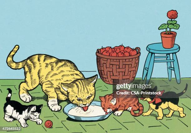 cats drinking milk - kittens basket stock illustrations