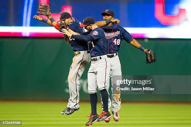 Eddie Rosario Jordan Schafer and Torii Hunter of the Minnesota Twins celebrate after defeating the Cleveland Indians at Progressive Field on May 8,...