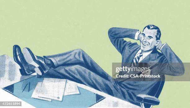 mann mit beine auf dem schreibtisch - casual businessman stock-grafiken, -clipart, -cartoons und -symbole