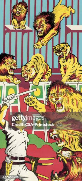 stockillustraties, clipart, cartoons en iconen met lion tamer with lions - dompteur