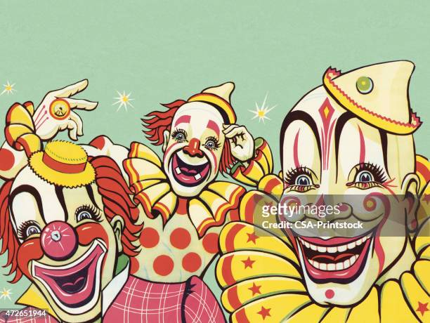 drei clowns - happy clown faces stock-grafiken, -clipart, -cartoons und -symbole