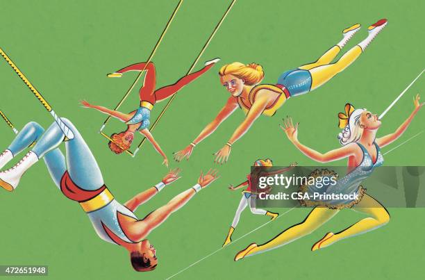 stockillustraties, clipart, cartoons en iconen met acrobats performing - trapezeartiest