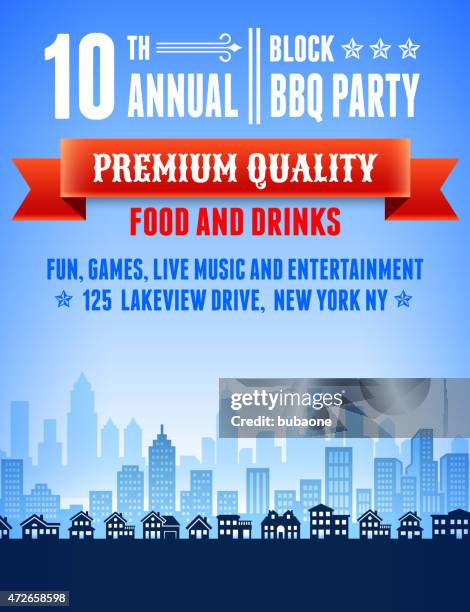summer party picnic and barbecue invitation with city skyline ba - billboard posting stock illustrations