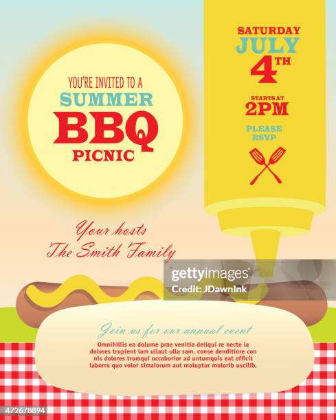 picknick-bbq-einladung design-vorlage-senf flasche hotdog - annual red blue soiree stock-grafiken, -clipart, -cartoons und -symbole