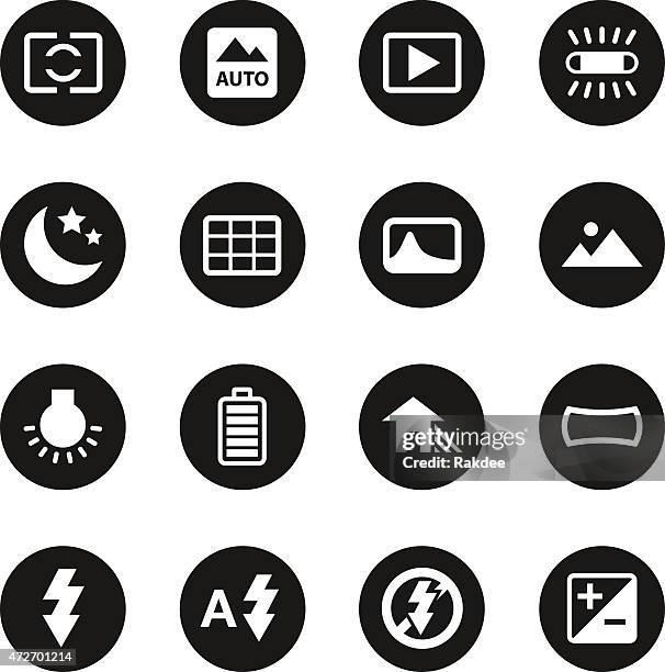 illustrazioni stock, clip art, cartoni animati e icone di tendenza di menu telecamera icone set serie cerchio 4-nero - bilanciamento del bianco