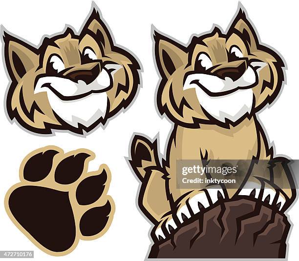 cartoon drawing of a wildcat and pawprint - paw stock illustrations