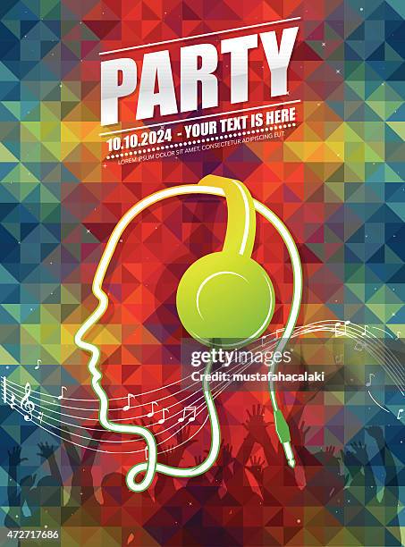 ilustraciones, imágenes clip art, dibujos animados e iconos de stock de dj party poster - música para bailar